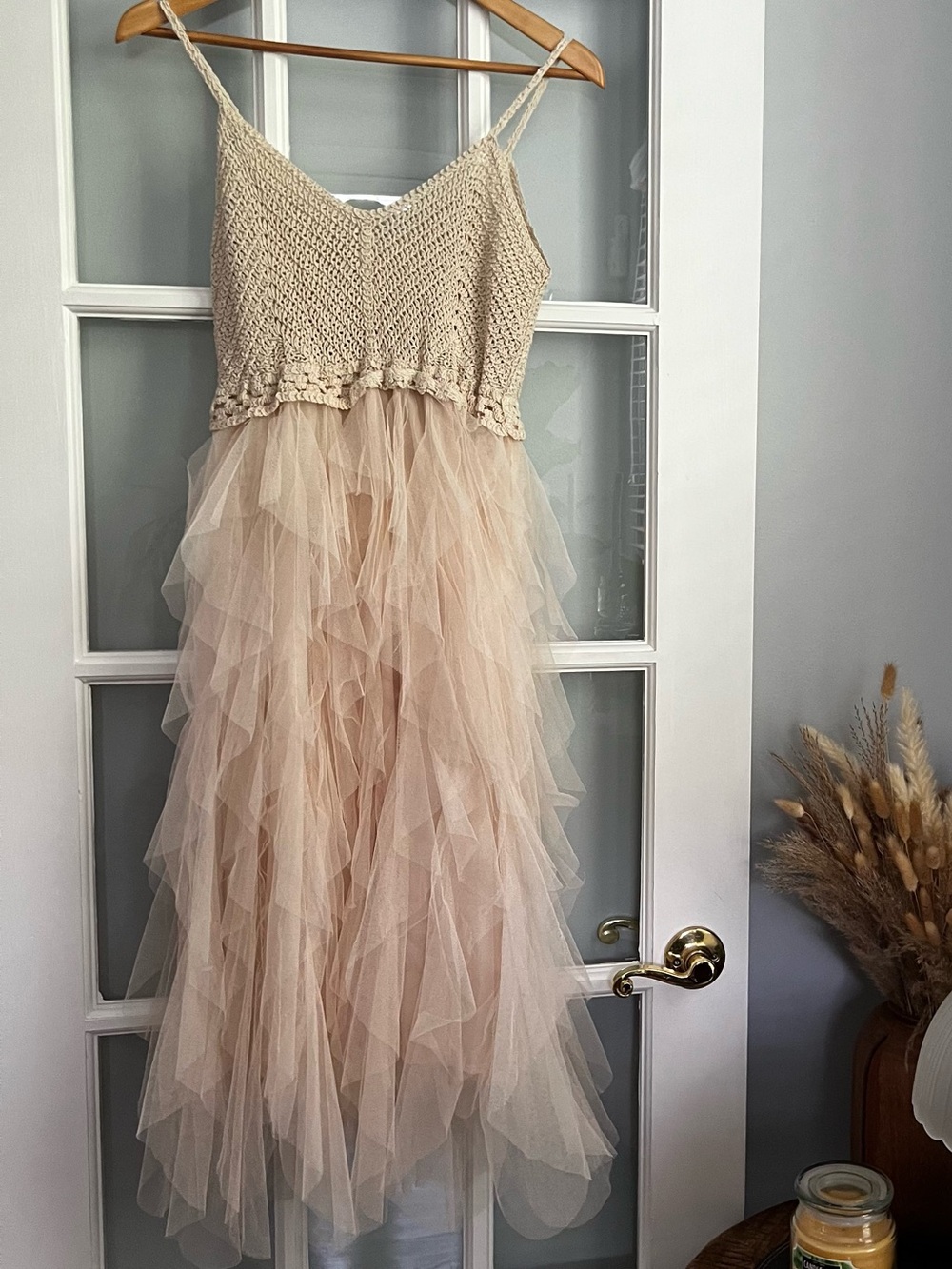 Sleeveless Crochet Bodice Tulle Midi Dress in Beige - Picture 5 of 9